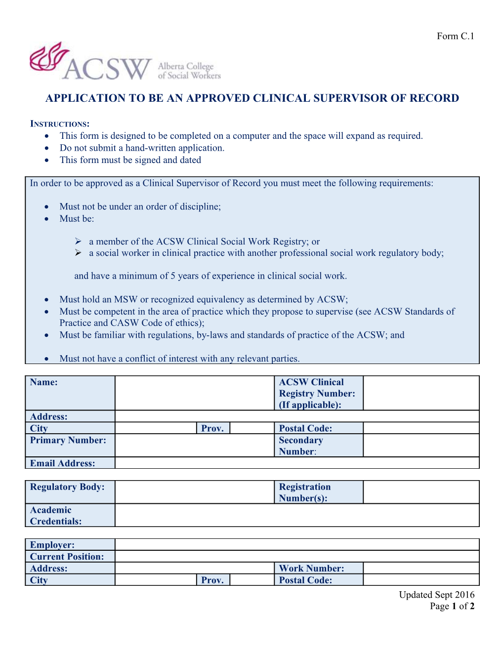 Application to Be Anapproved Clinical Supervisor of Record