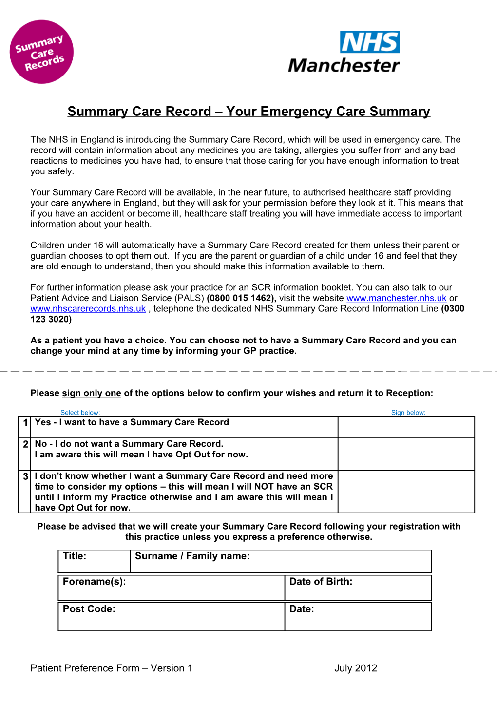 Summary Care Record Your Emergency Care Summary