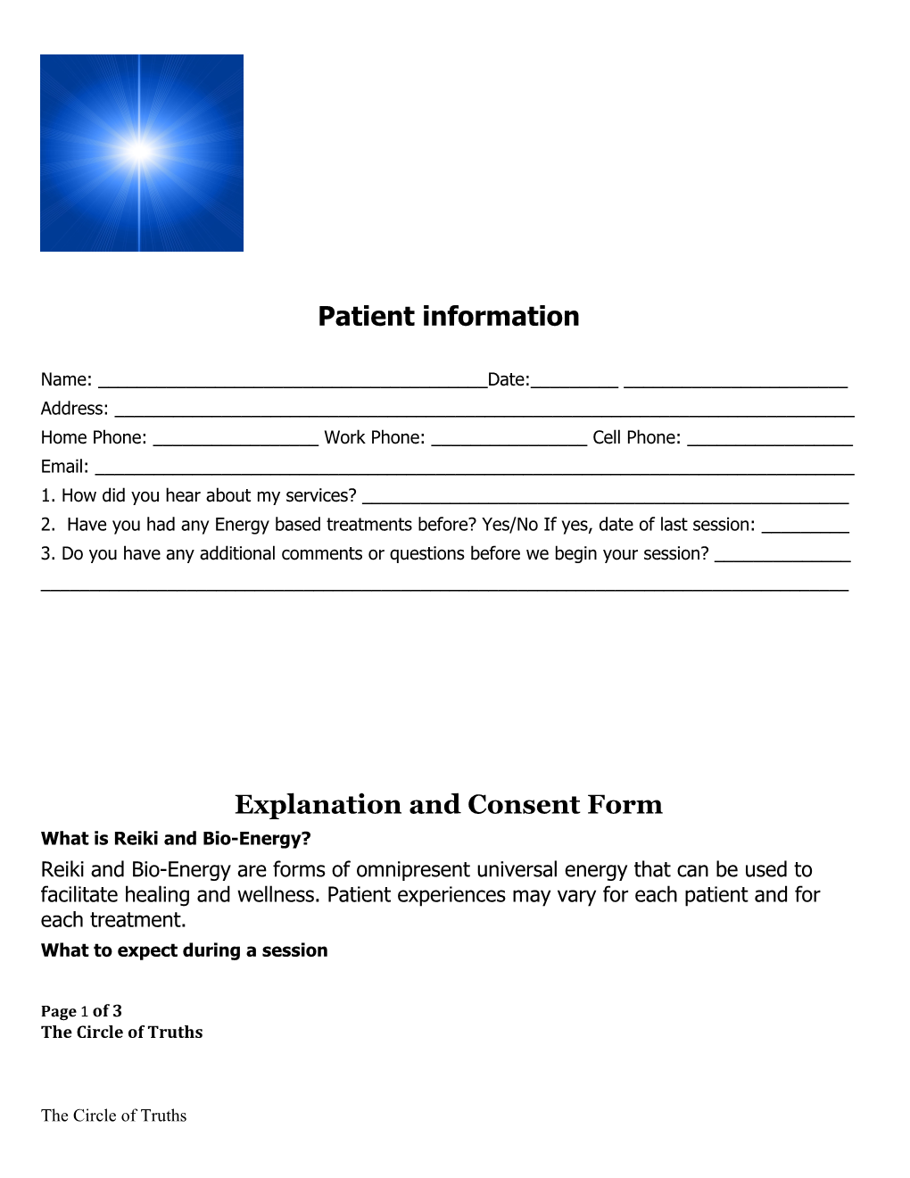 Client Intake Form for Reiki Treatment