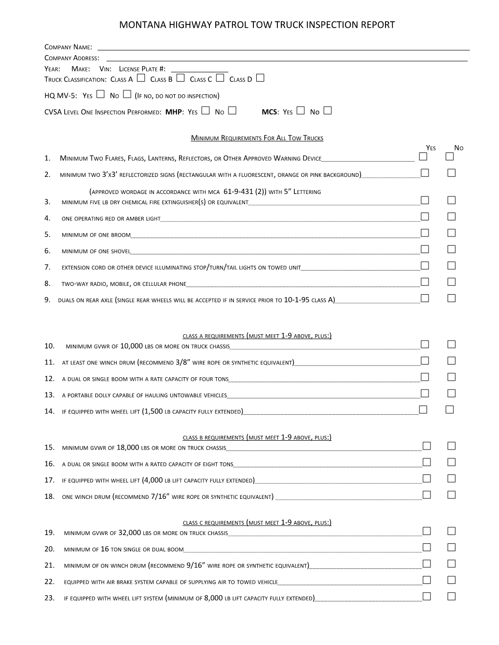 Montana Highway Patrol Tow Truck Inspection Report