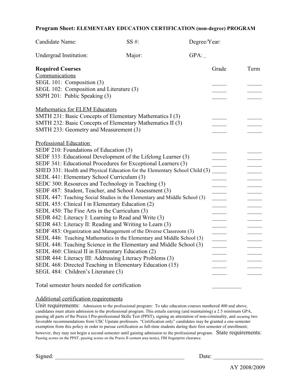 CHECKSHEET: EARLY CHILDHOOD “CERTIFICATION ONLY” (Non-Degree) PROGRAM