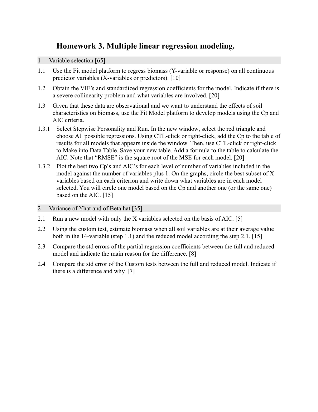 Homework 3. Multiple Linear Regression Modeling