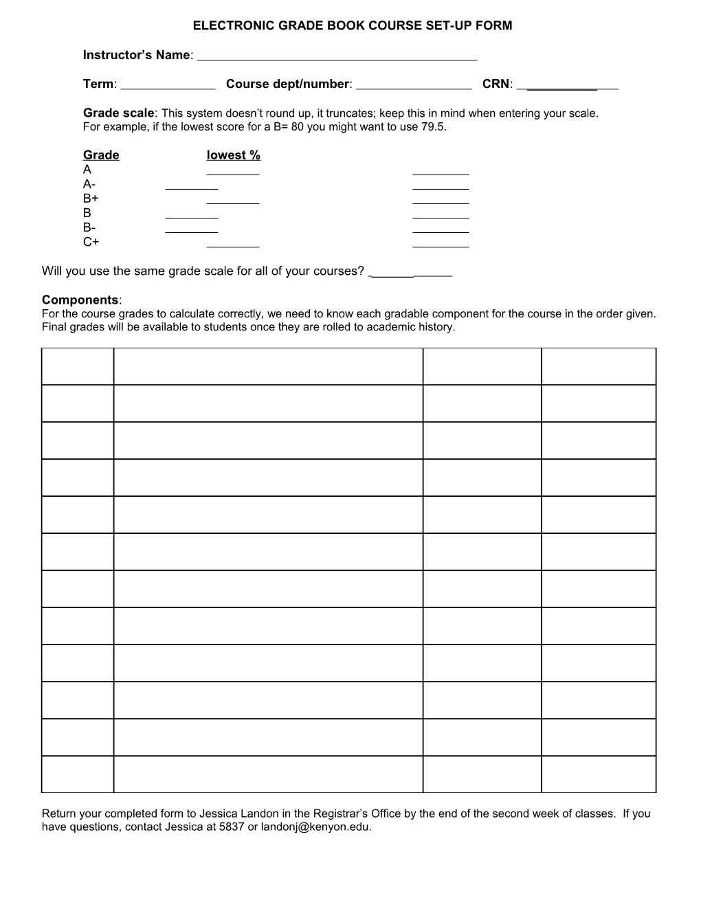 Electronic Grade Book Course Set-Up Form