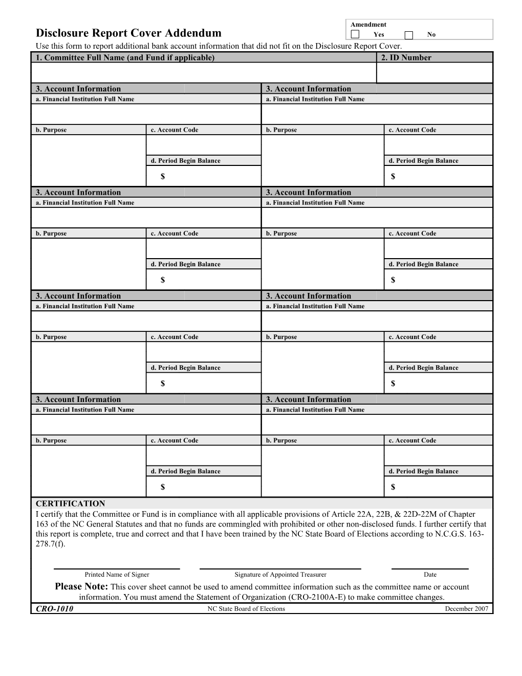 Disclosure Report Cover Addendum