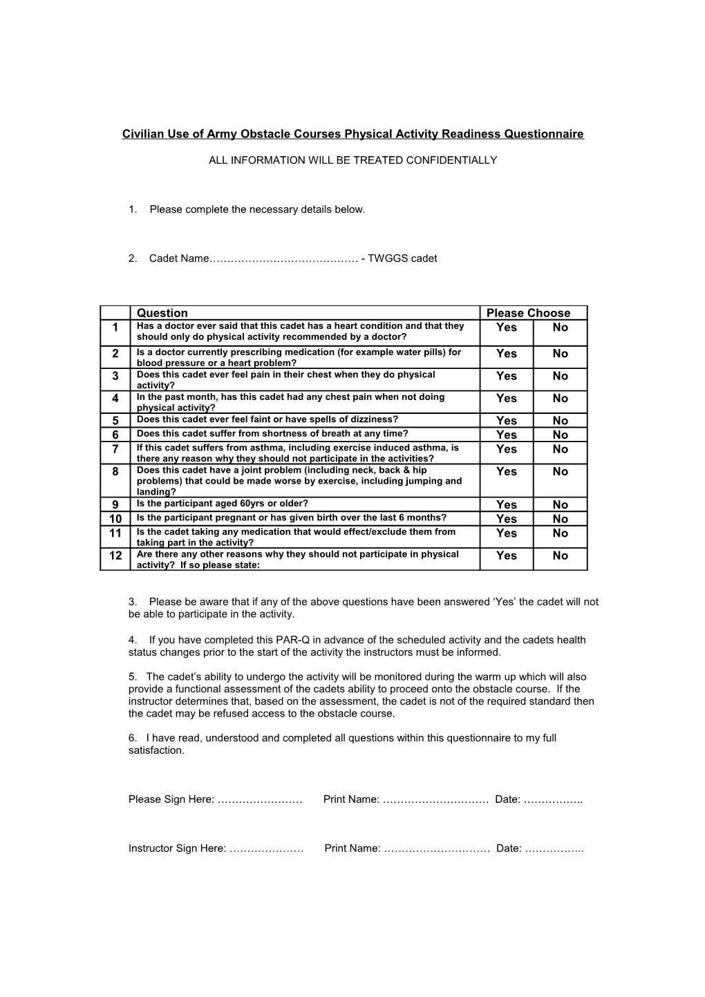 Civilian Use of Army Obstacle Courses Physical Activity Readiness Questionnaire