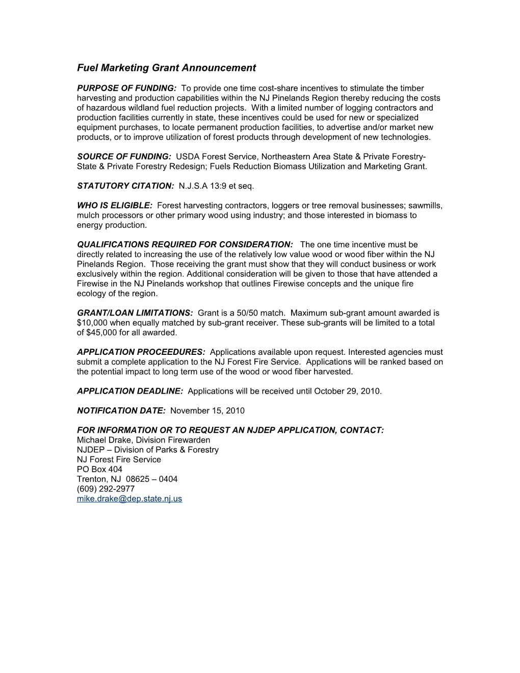 Fuel Marketing Grant Parameters