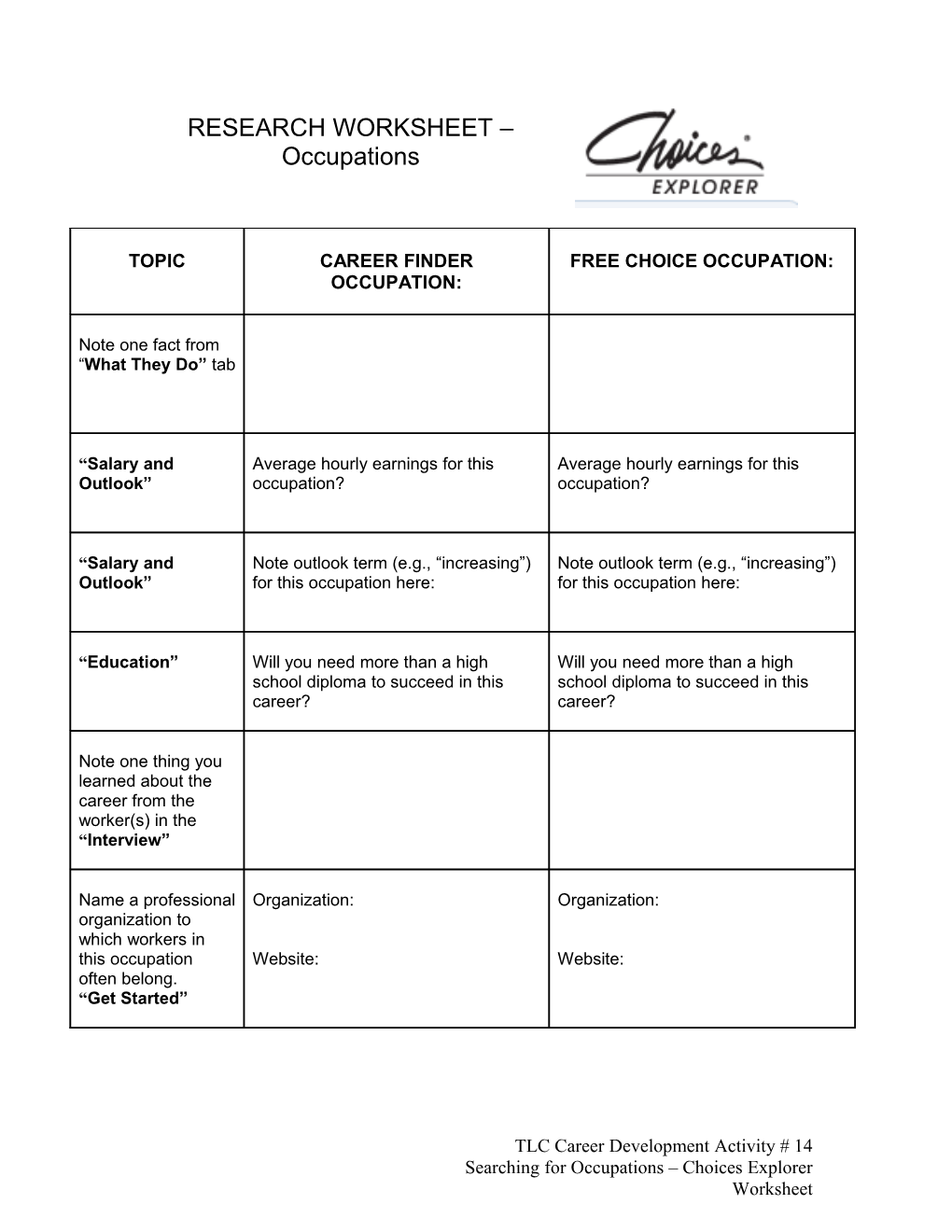 RESEARCH WORKSHEET Occupations