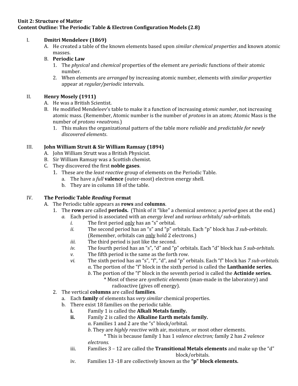 Content Outline: the Periodic Table & Electron Configuration Models (2.8)