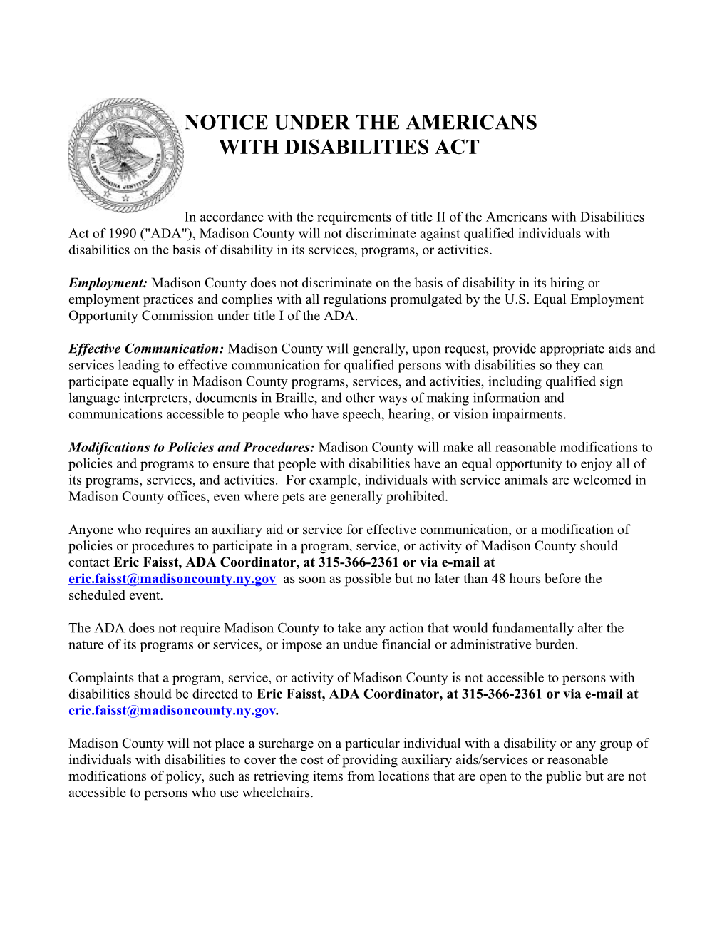 Notice Under the Americanswithdisabilities Act