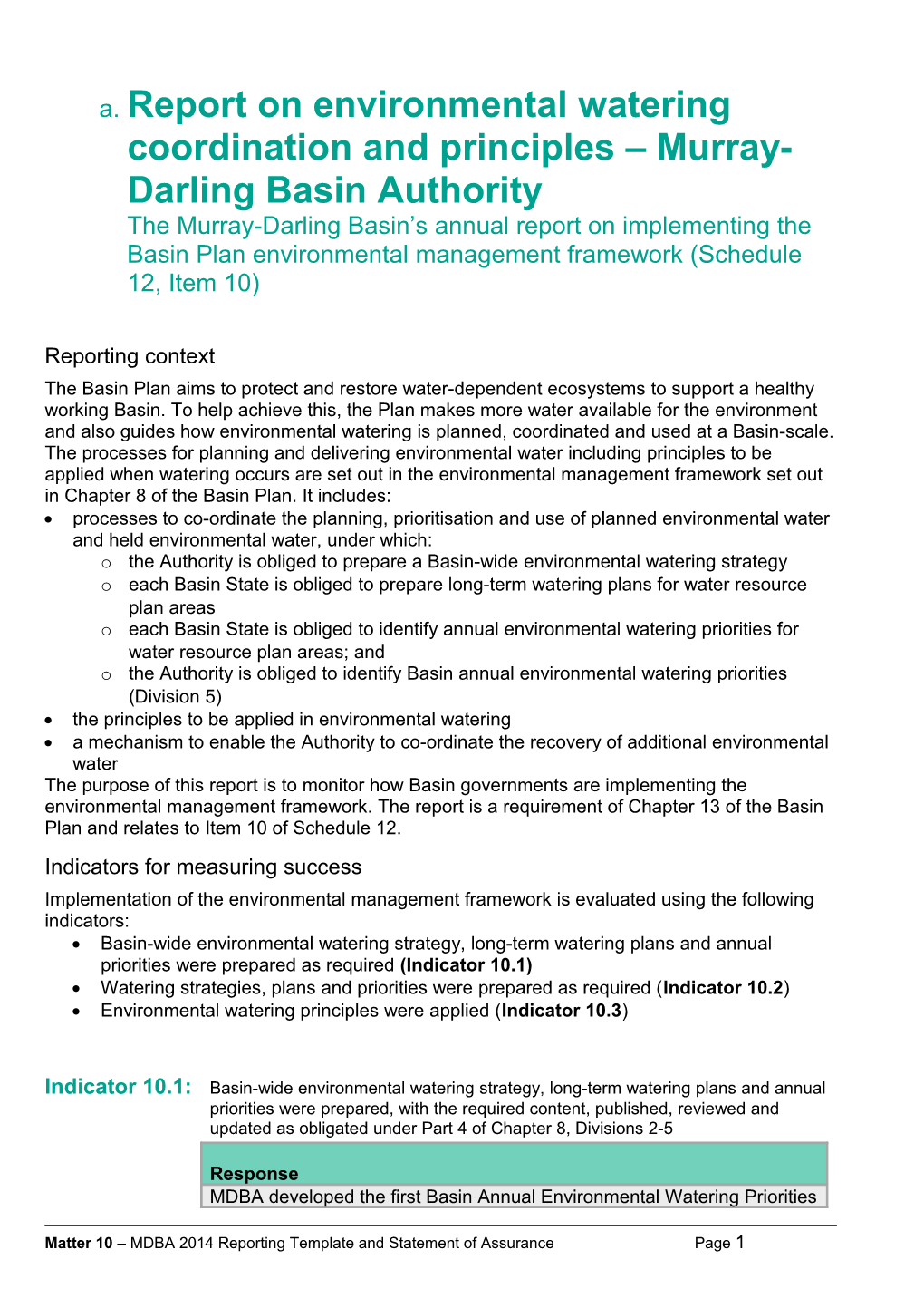 Report on Environmental Watering Coordination and Principles Murray-Darling Basin Authoritythe