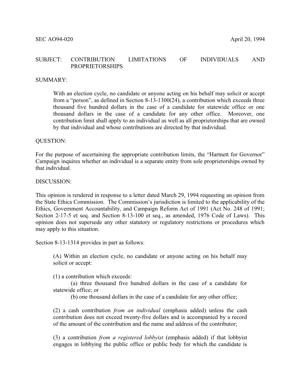 Subject: Contribution Limitations of Individuals and Proprietorships