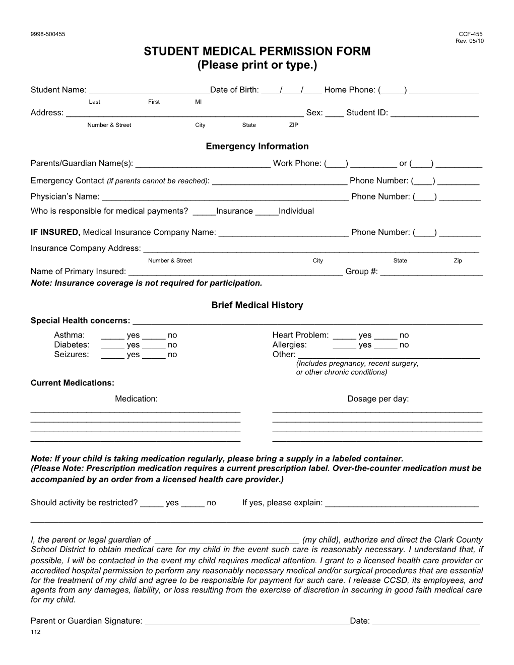 Student Medical Permission Form