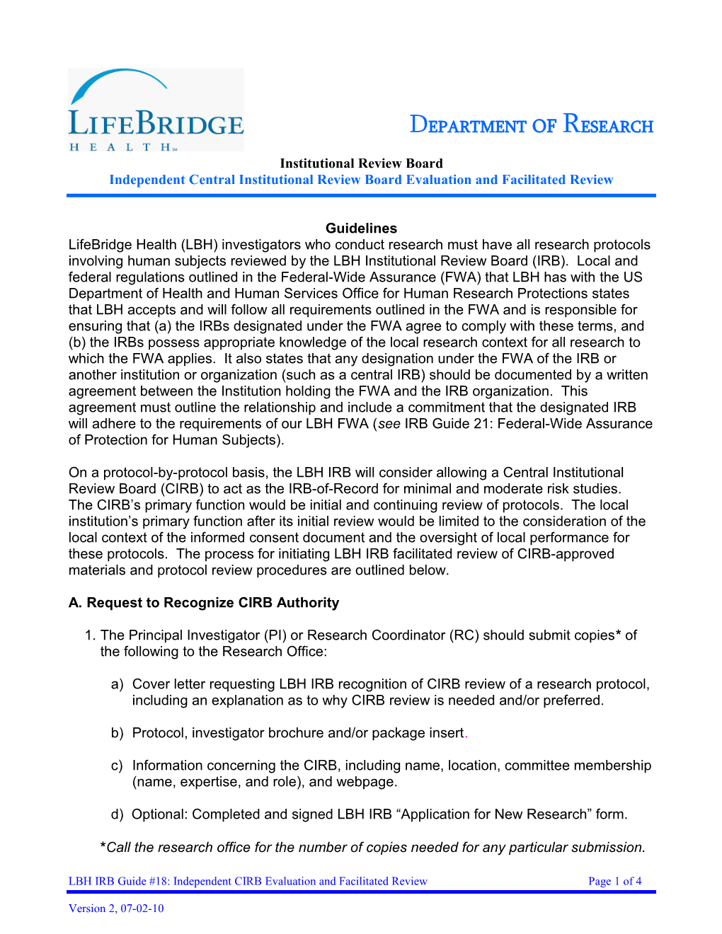 LBH IRB Guide #18: Independent CIRB Evaluation and Facilitated Review Page 1 of 4