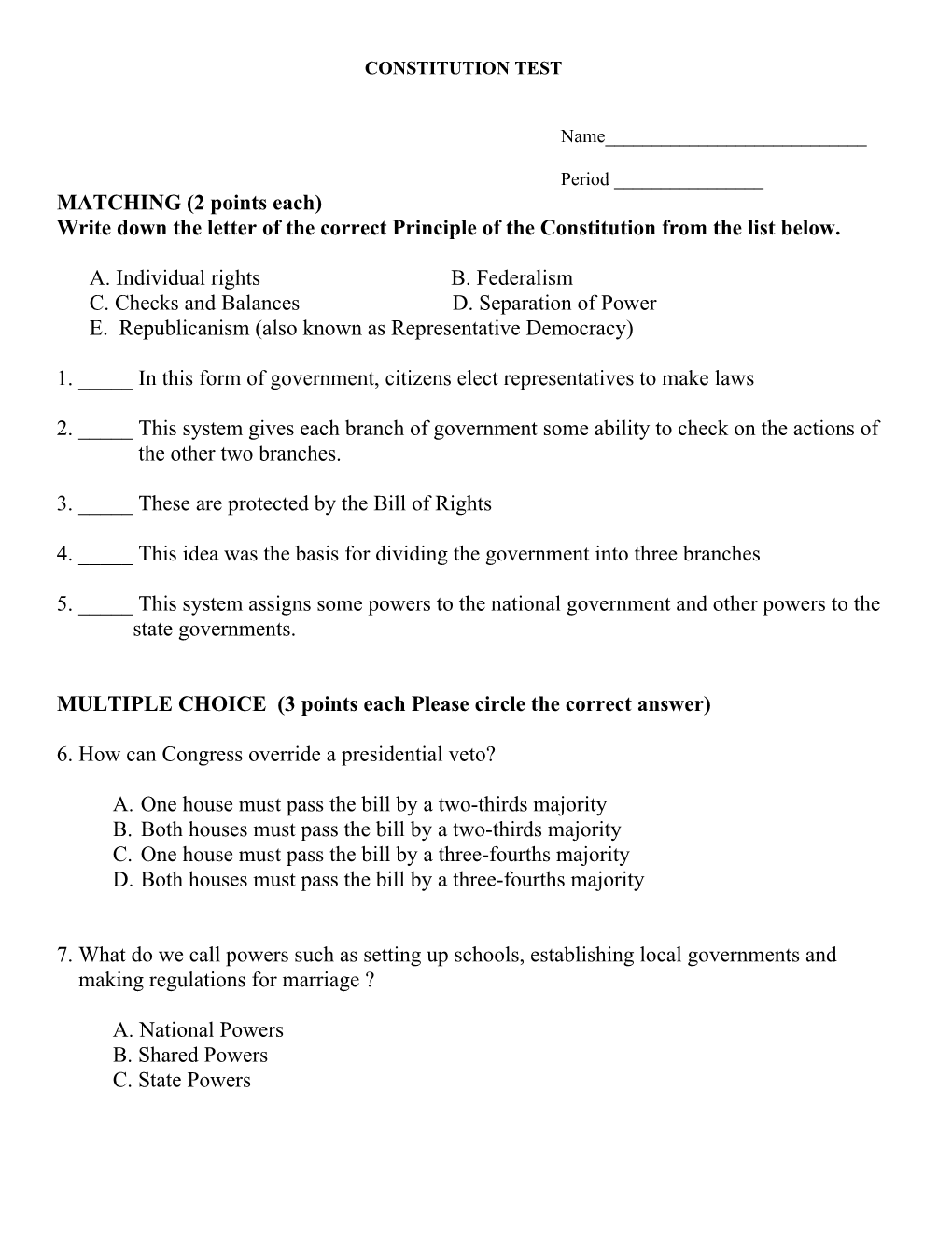 Constitution Test Questions