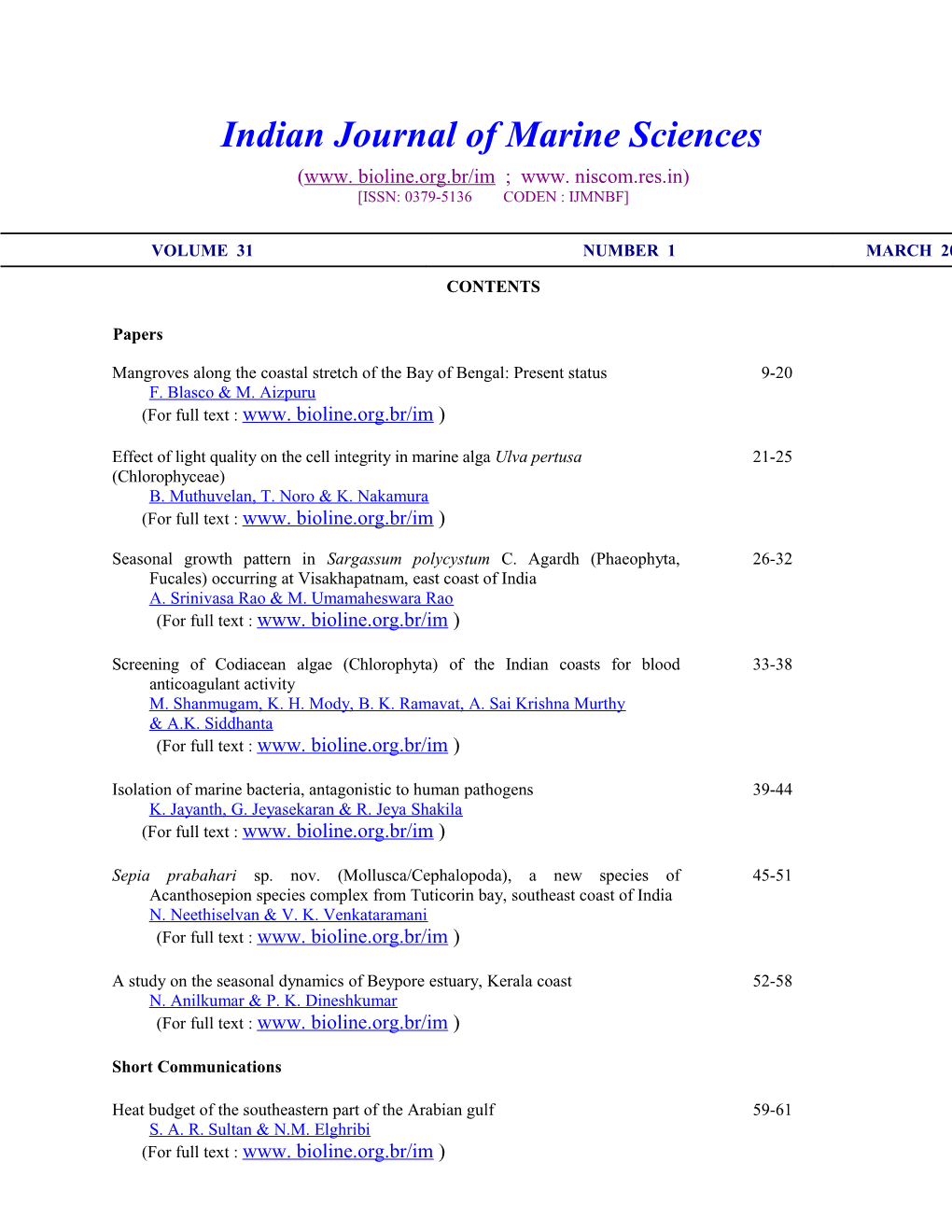 Indian Journal of Marine Sciences