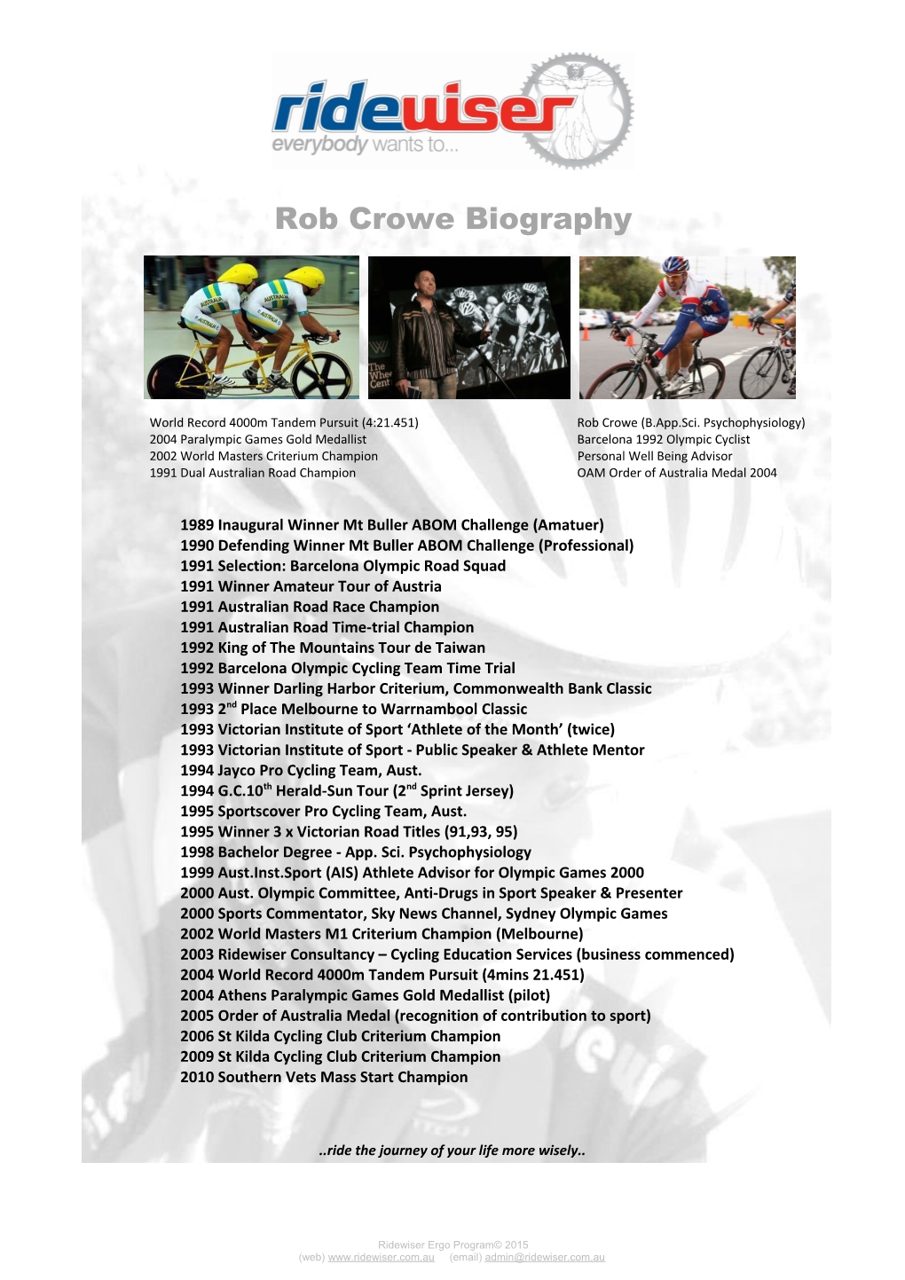 World Record 4000M Tandem Pursuit (4:21.451) Rob Crowe (B.App.Sci. Psychophysiology)