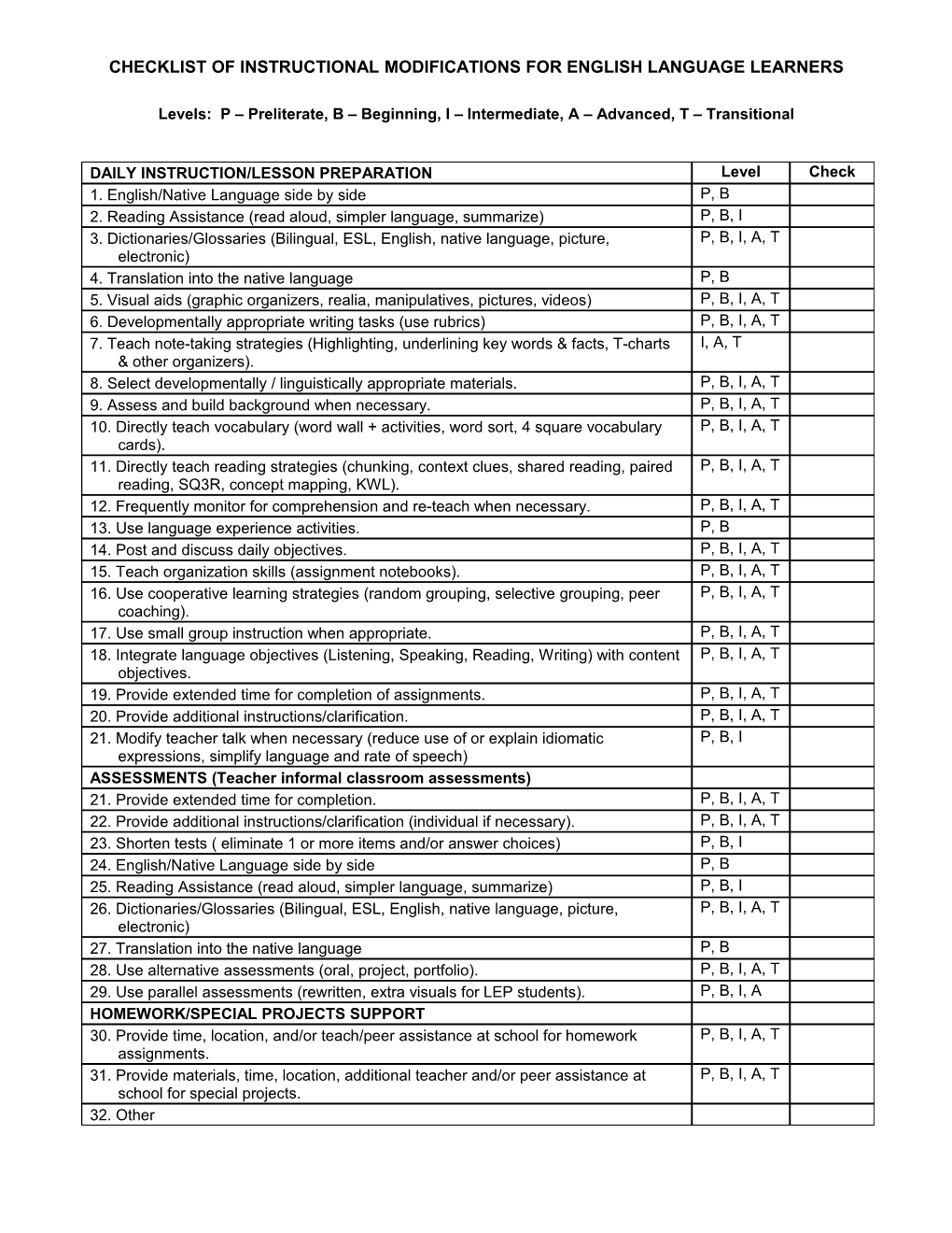 Checklist of Instructional Modifications for English Language Learners