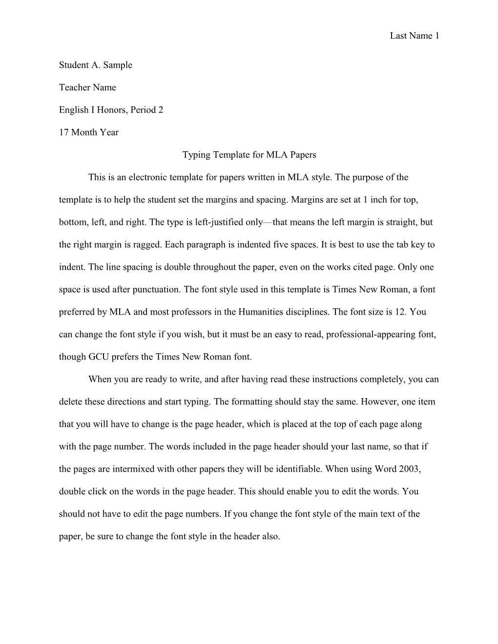 Typing Template for MLA Papers