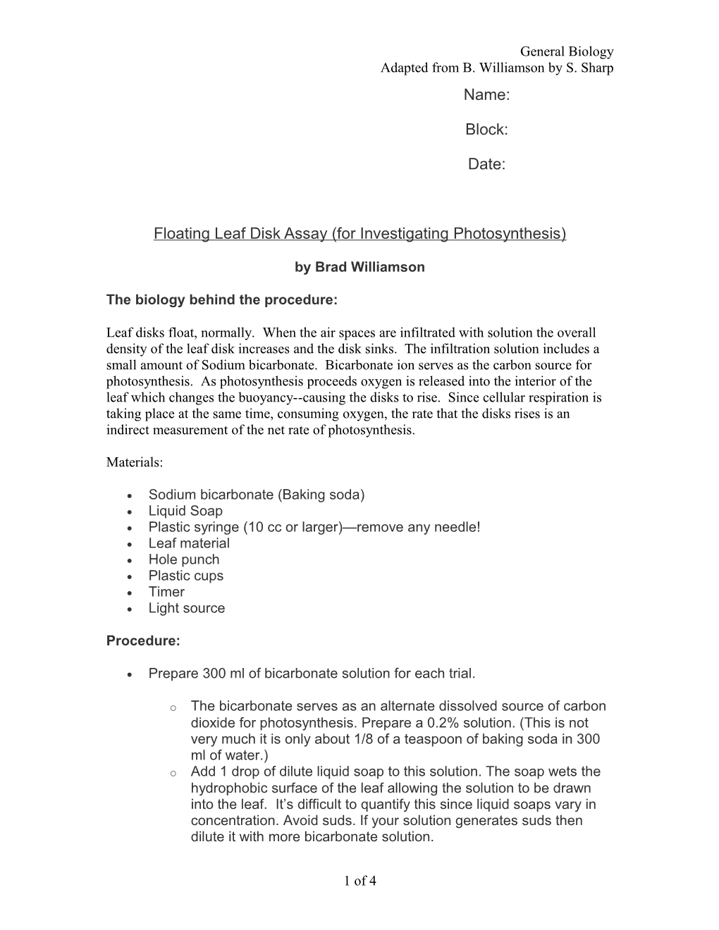 The Floating Leaf Disk Assay for Investigating Photosynthesis