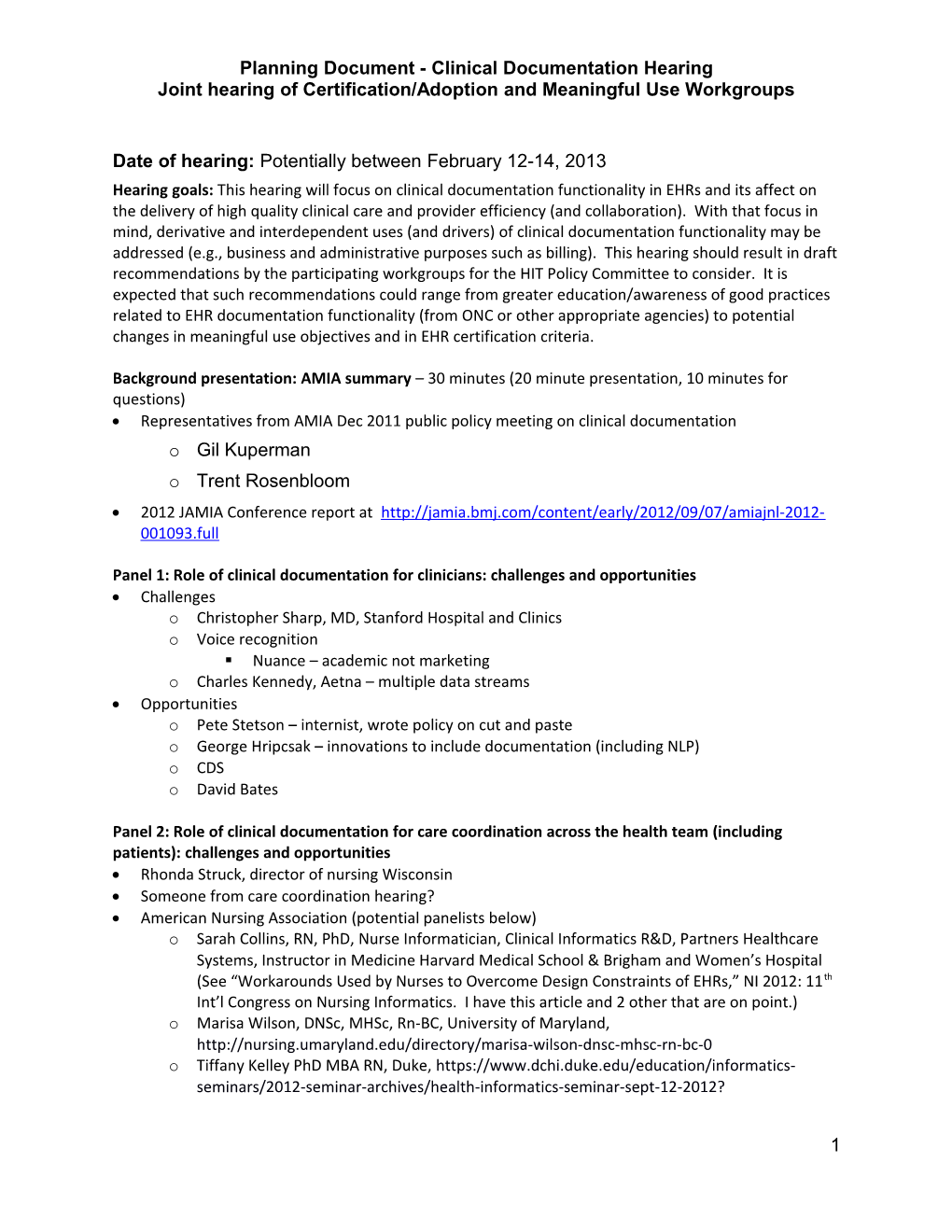 Planning Document - Clinical Documentation Hearing