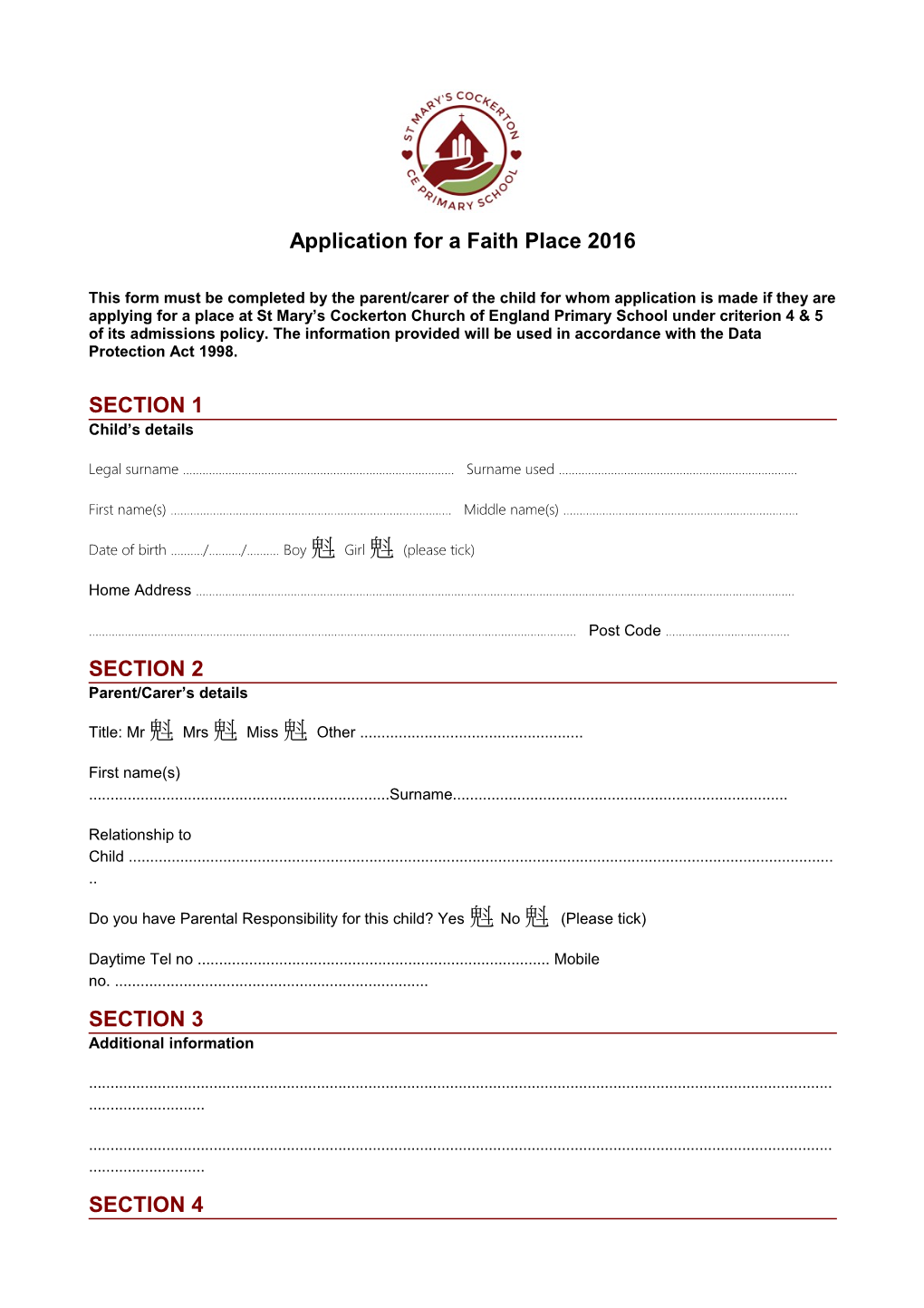 Application for a Faith Place 2016