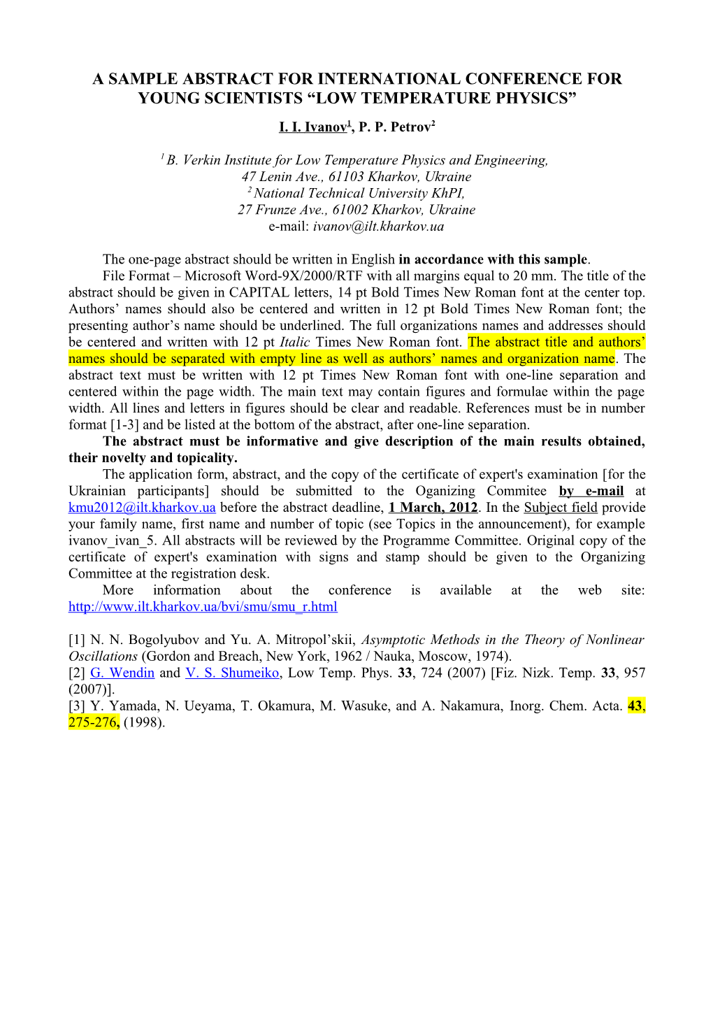 A Sample Abstract for International Conference for Young Scientists Low Temperature Physics