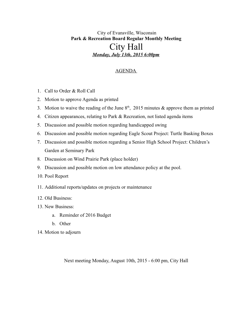 Park & Recreation Board Regular Monthly Meeting