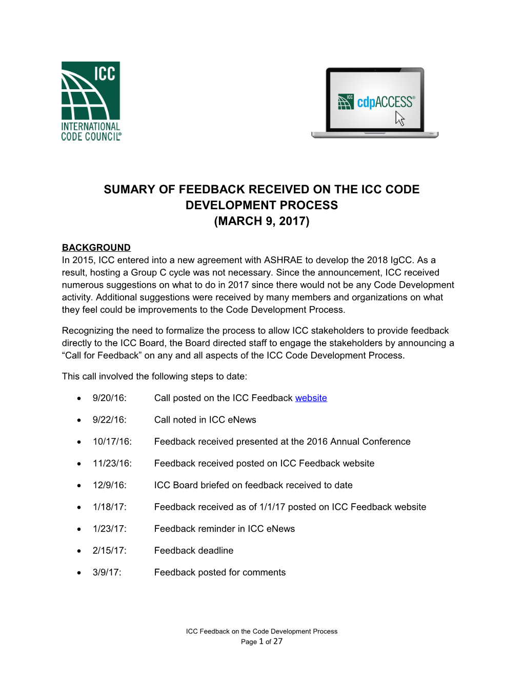 Sumary of Feedback Received on the Icc Code Development Process