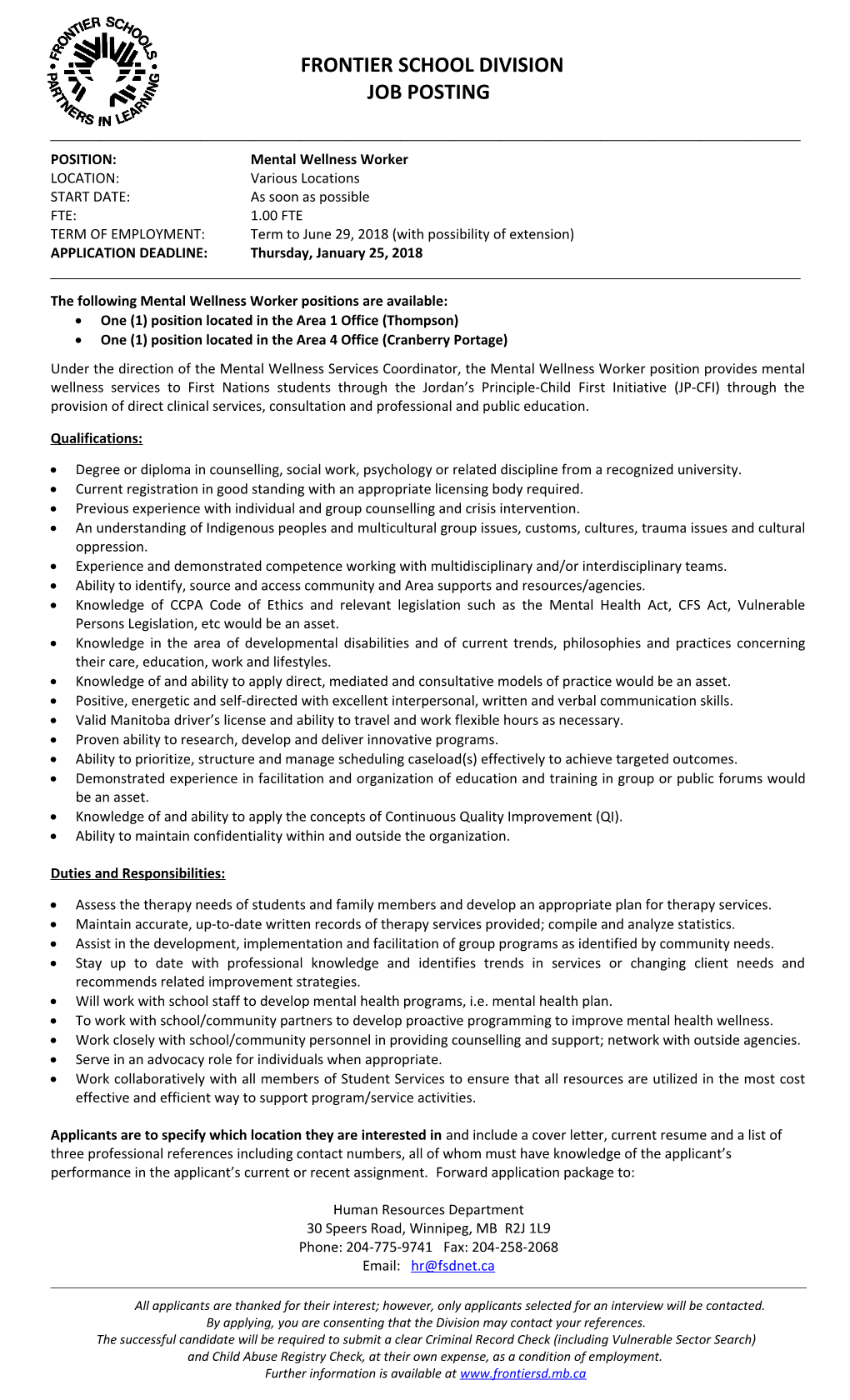 Frontier School Division - Mental Wellness Workers - Closing Date January 25, 2018