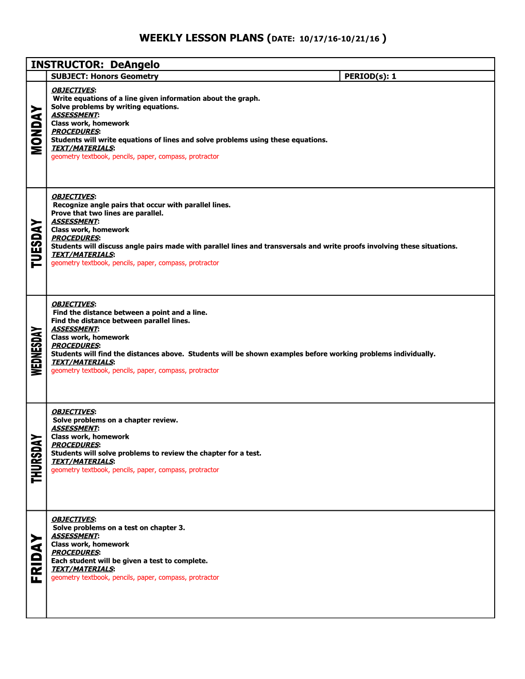 Weekly Lesson Plans (Date: 8/15/16-8/19/16 )