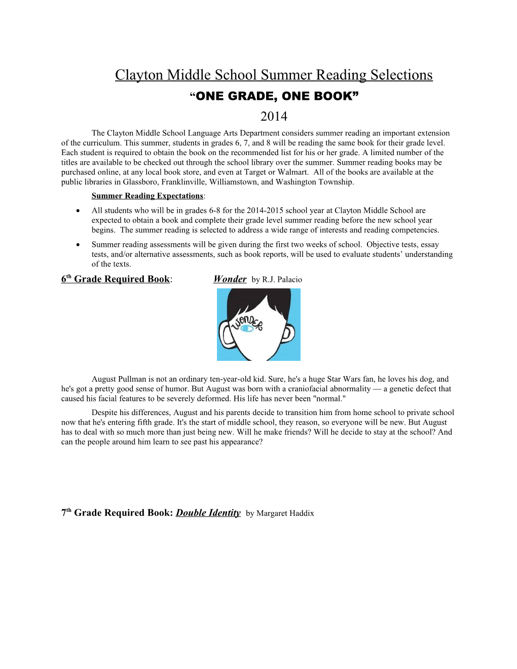 Clayton Middle School Summer Reading Selections
