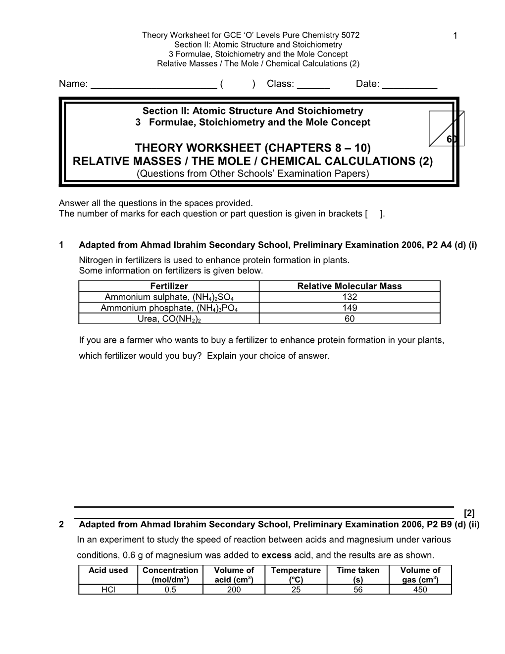 Theory Worksheet for GCE O Levels Pure Chemistry 5072