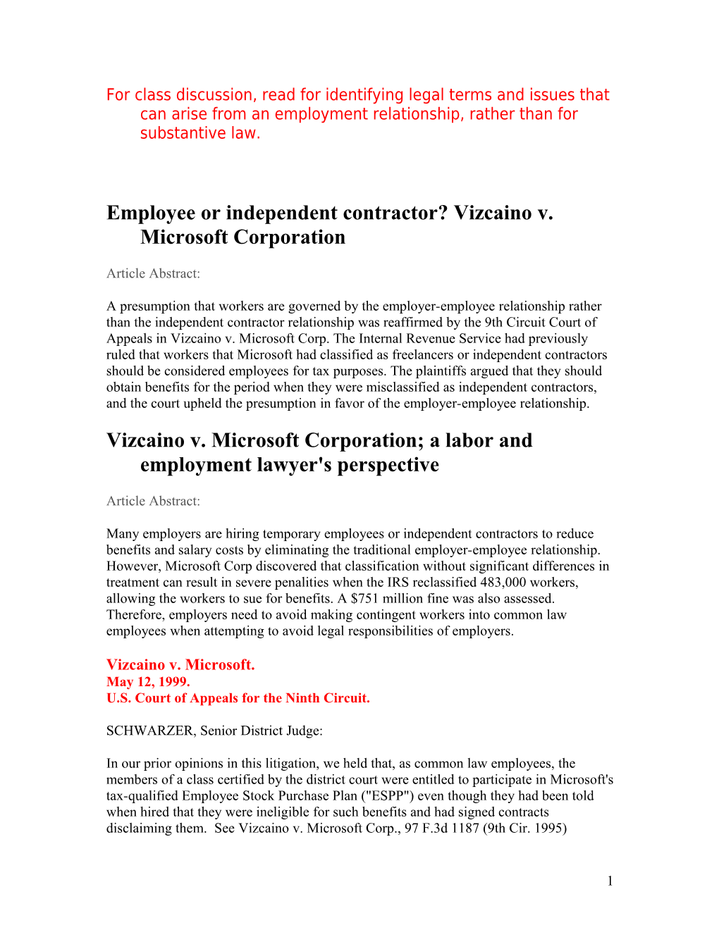 Employee Or Independent Contractor? Vizcaino V. Microsoft Corporation