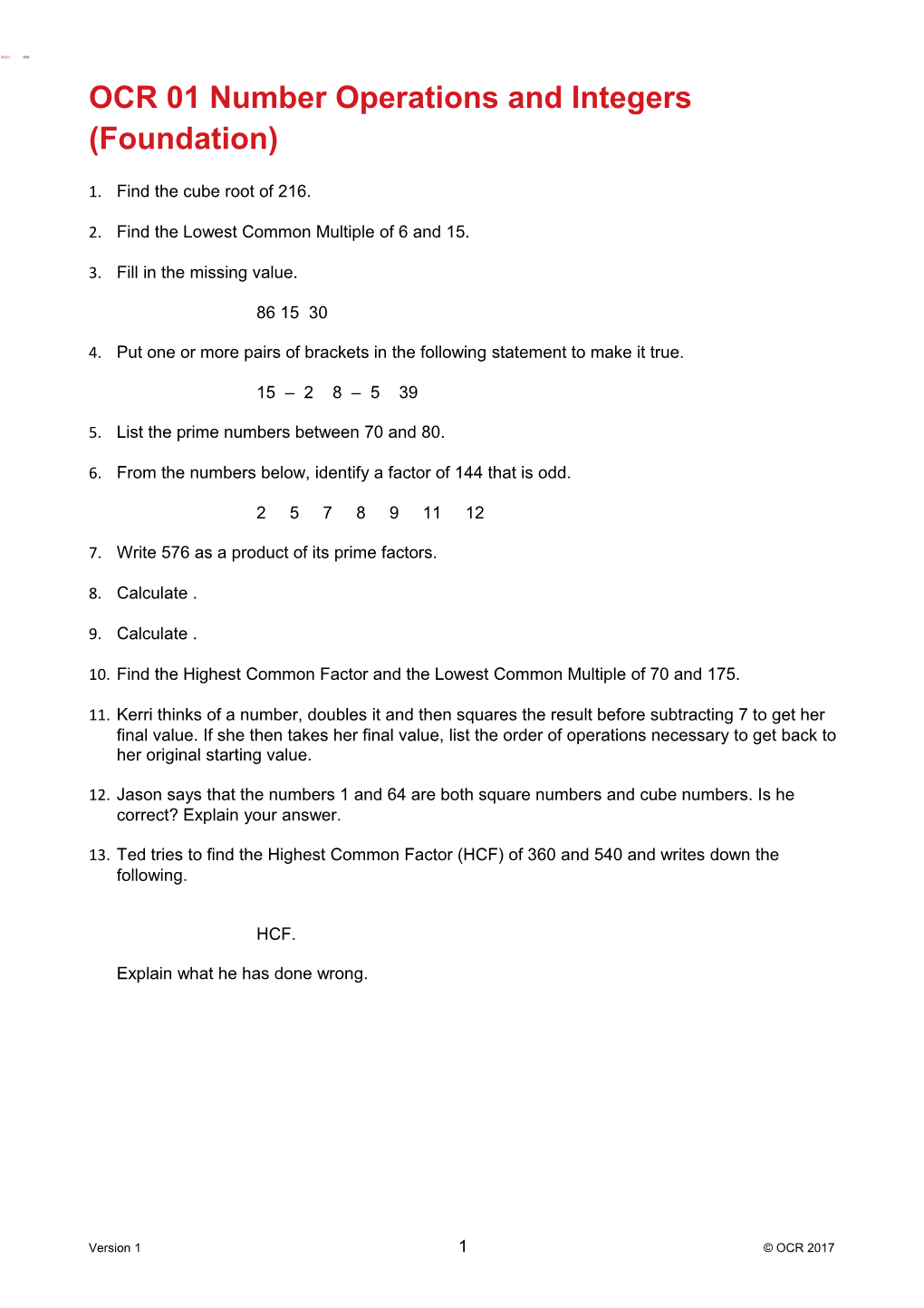 OCR GCSE (9-1) Mathematics Check in 01 Foundation