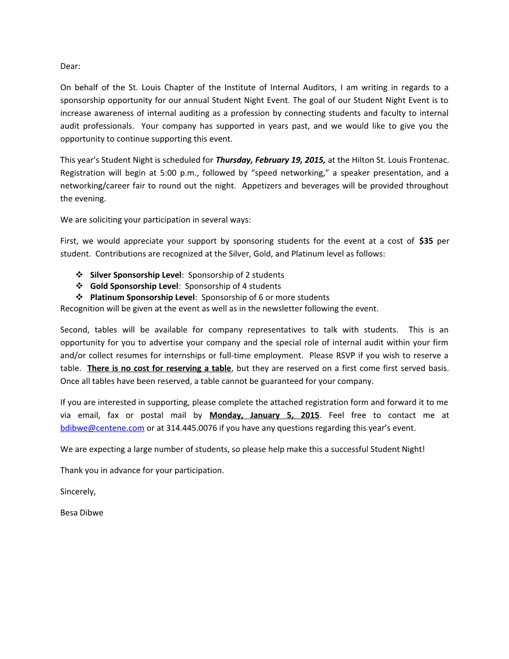 2015 Student Night Sponsorship Request Letter