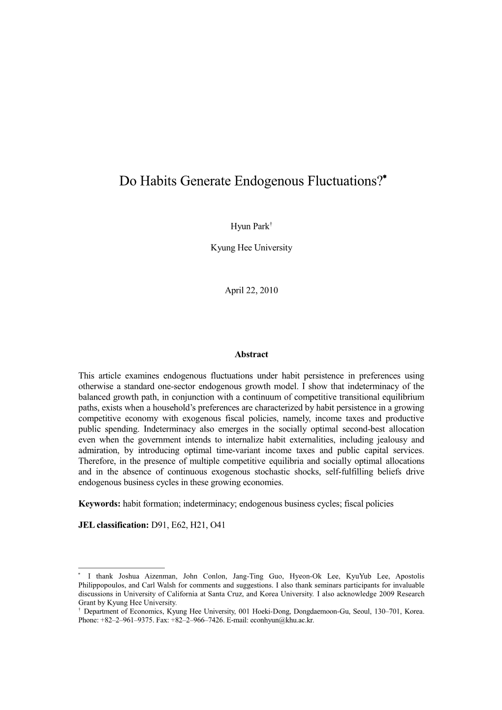 Do Habits Generate Endogenous Fluctuations? (