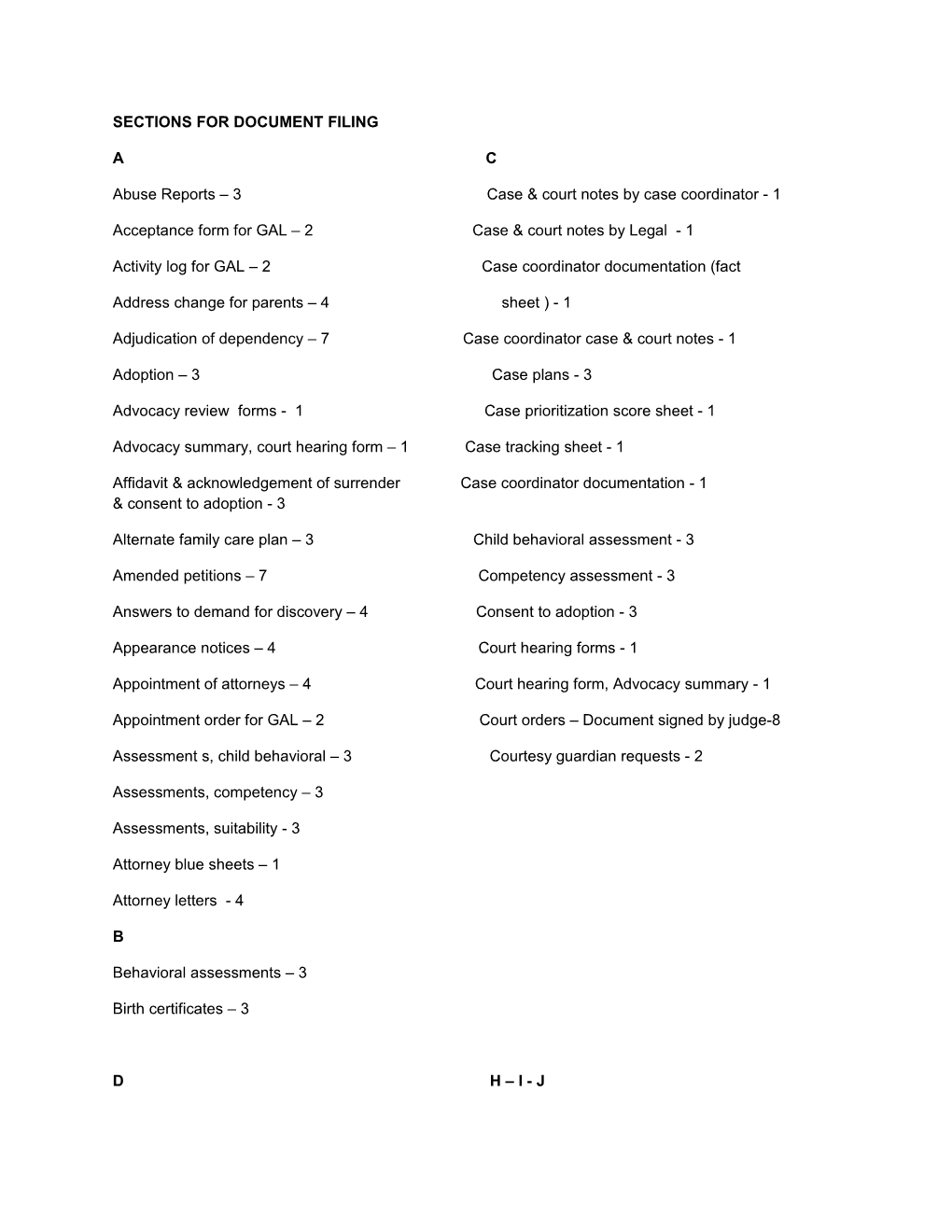 Sections for Document Filing