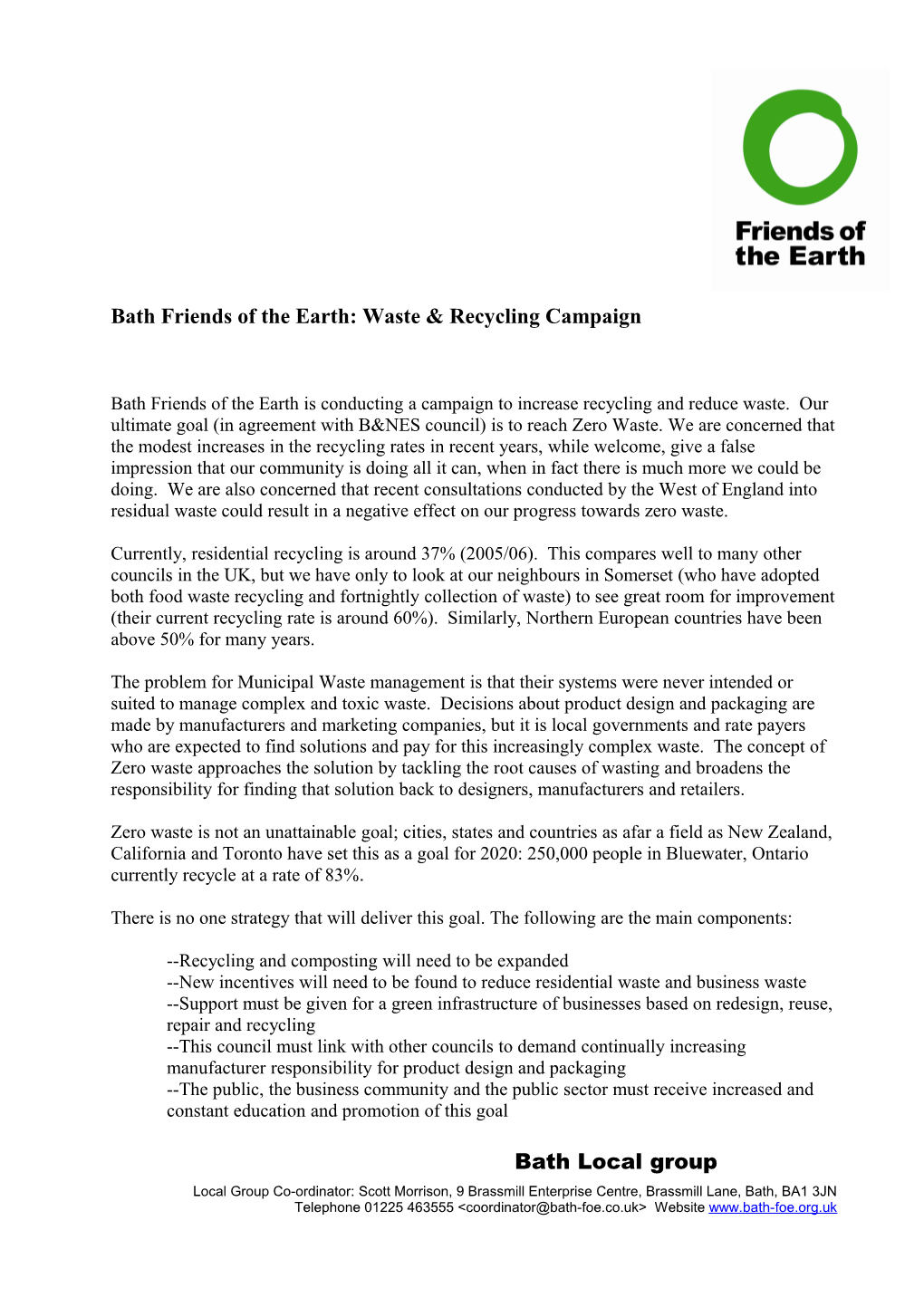 Bath Friends of the Earth: Waste & Recycling Campaign