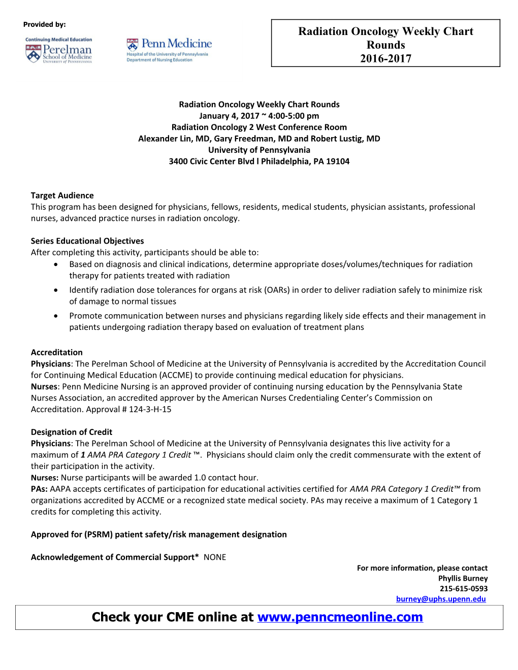 Radiation Oncology Weekly Chart Rounds