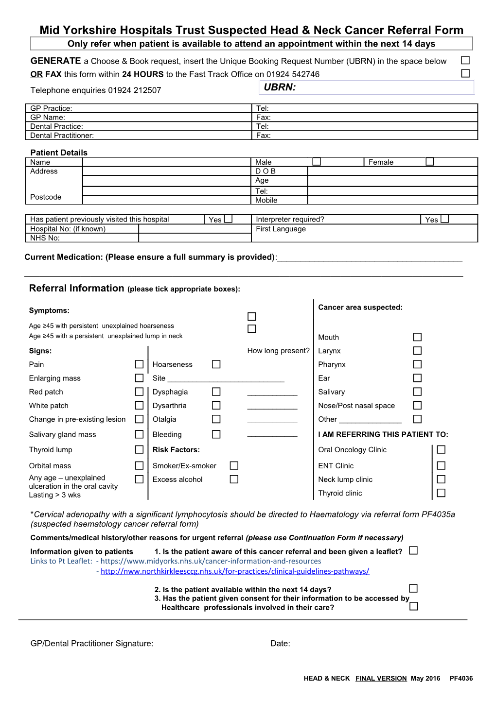 Mid Yorkshire Hospitals Trust Suspected Head & Neck Cancer Referral Form