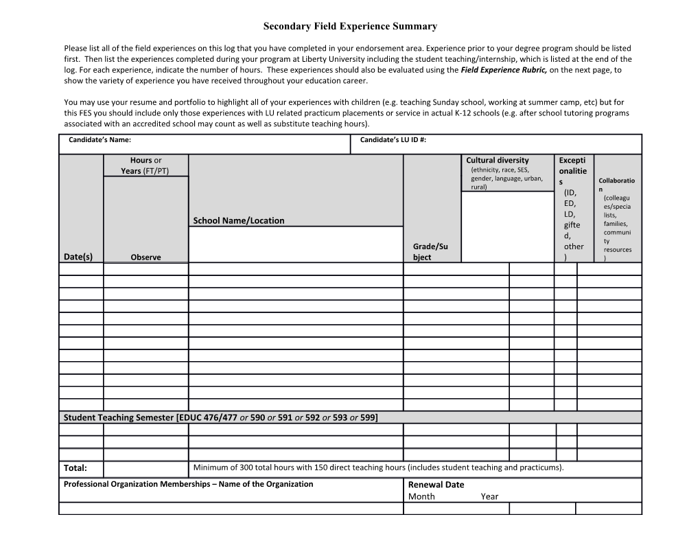 Secondary Field Experience Summary