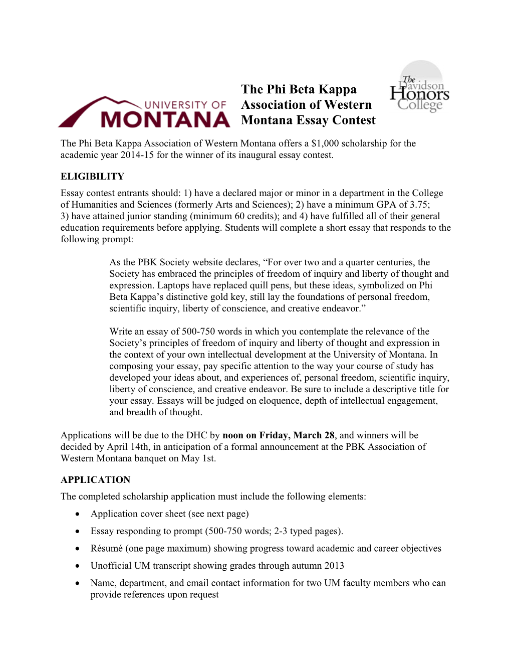 The Phi Beta Kappa Association of Western Montana Essay Contest