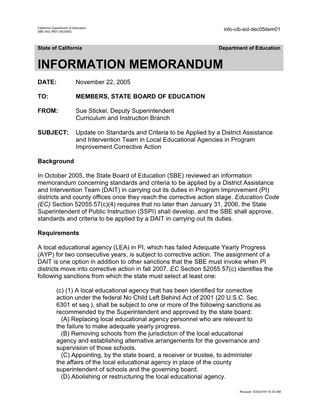 December 2005 SID Item 1 - Information Memorandum (CA State Board of Education)