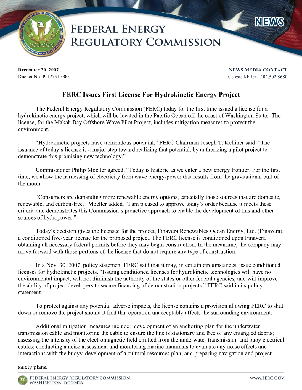 FERC Issues First License for Hydrokinetic Energy Project