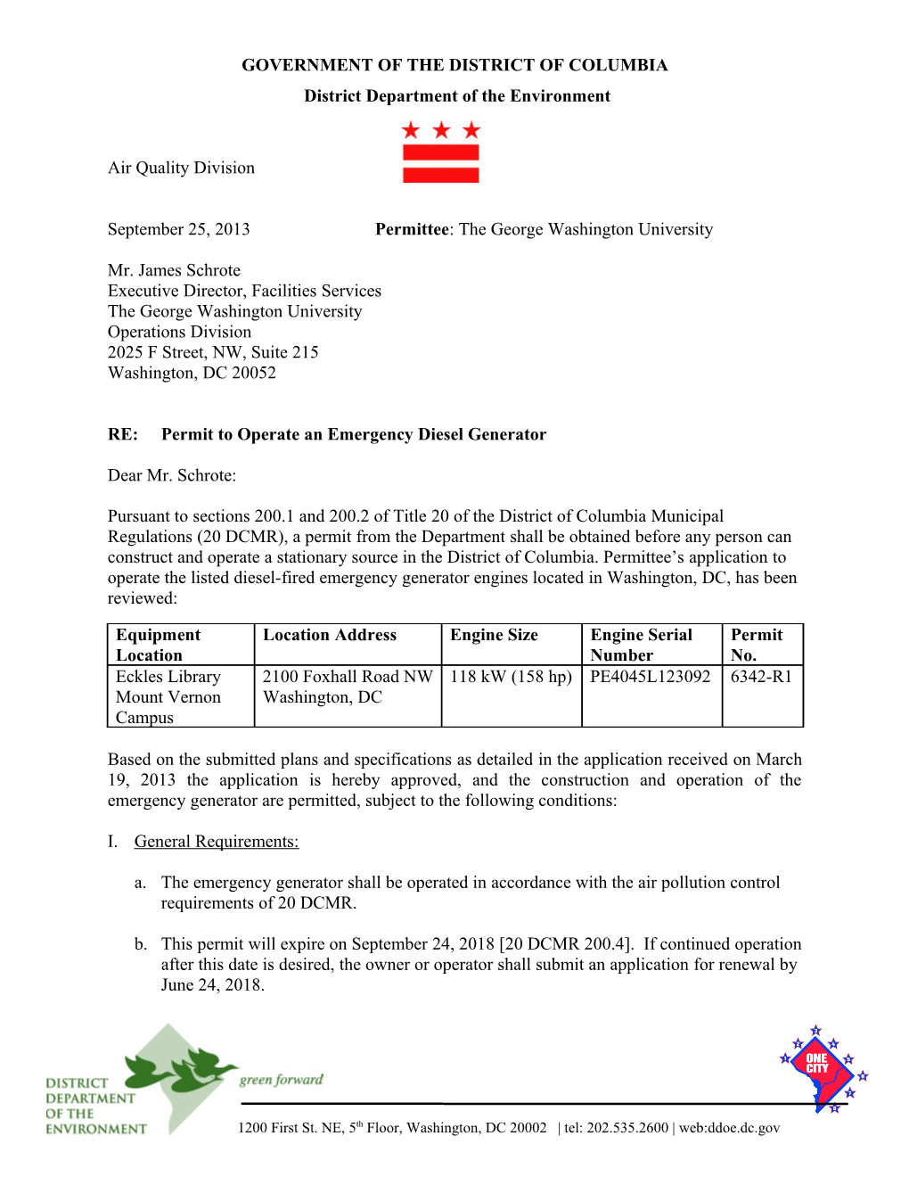 Permit #6342-R1 to Operate an Emergency Generator