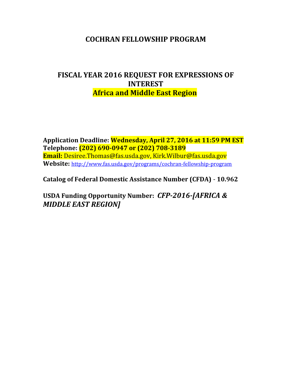 Fiscal Year 2016 Request for Expressions of Interest