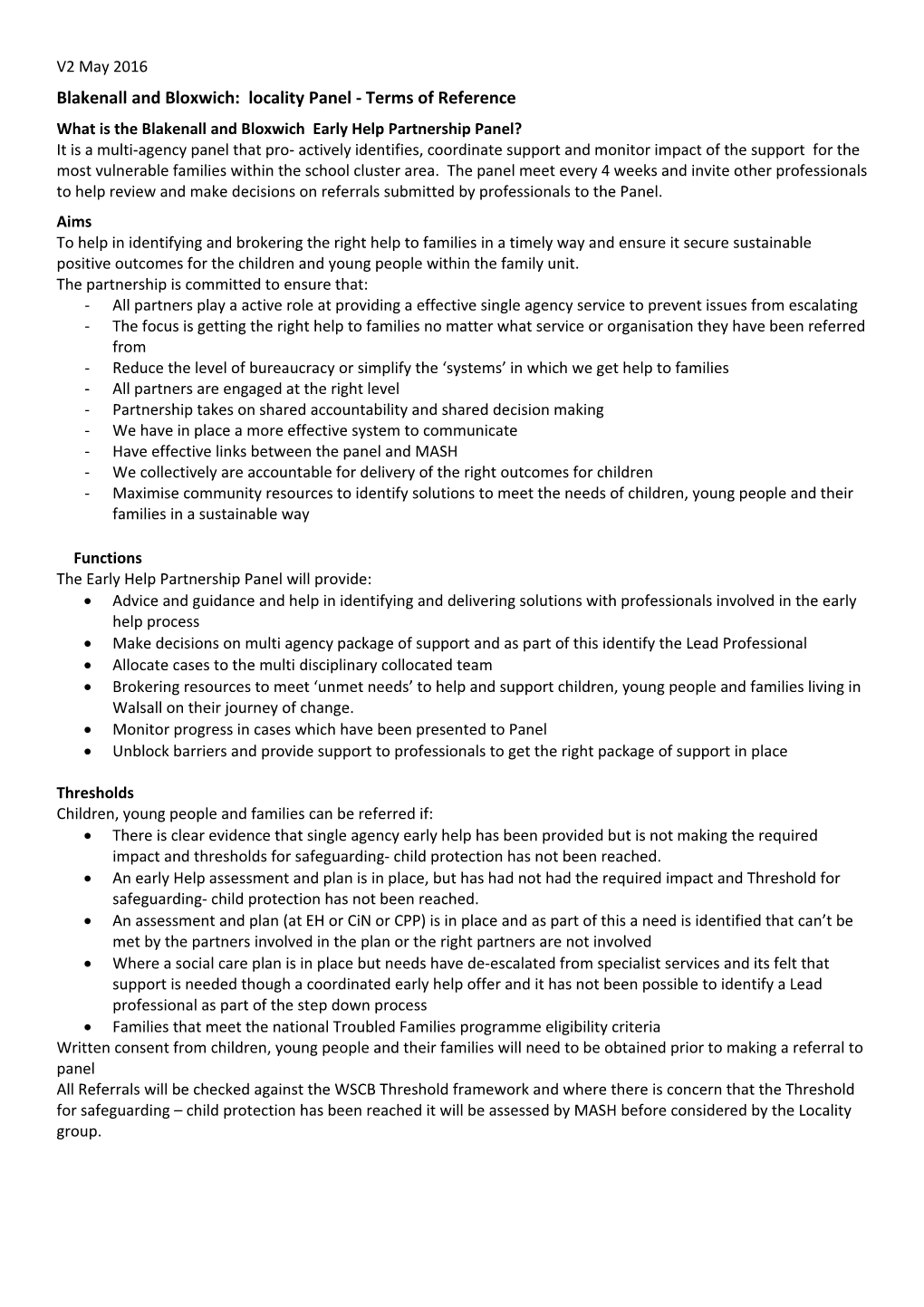 Blakenall and Bloxwich: Locality Panel - Terms of Reference