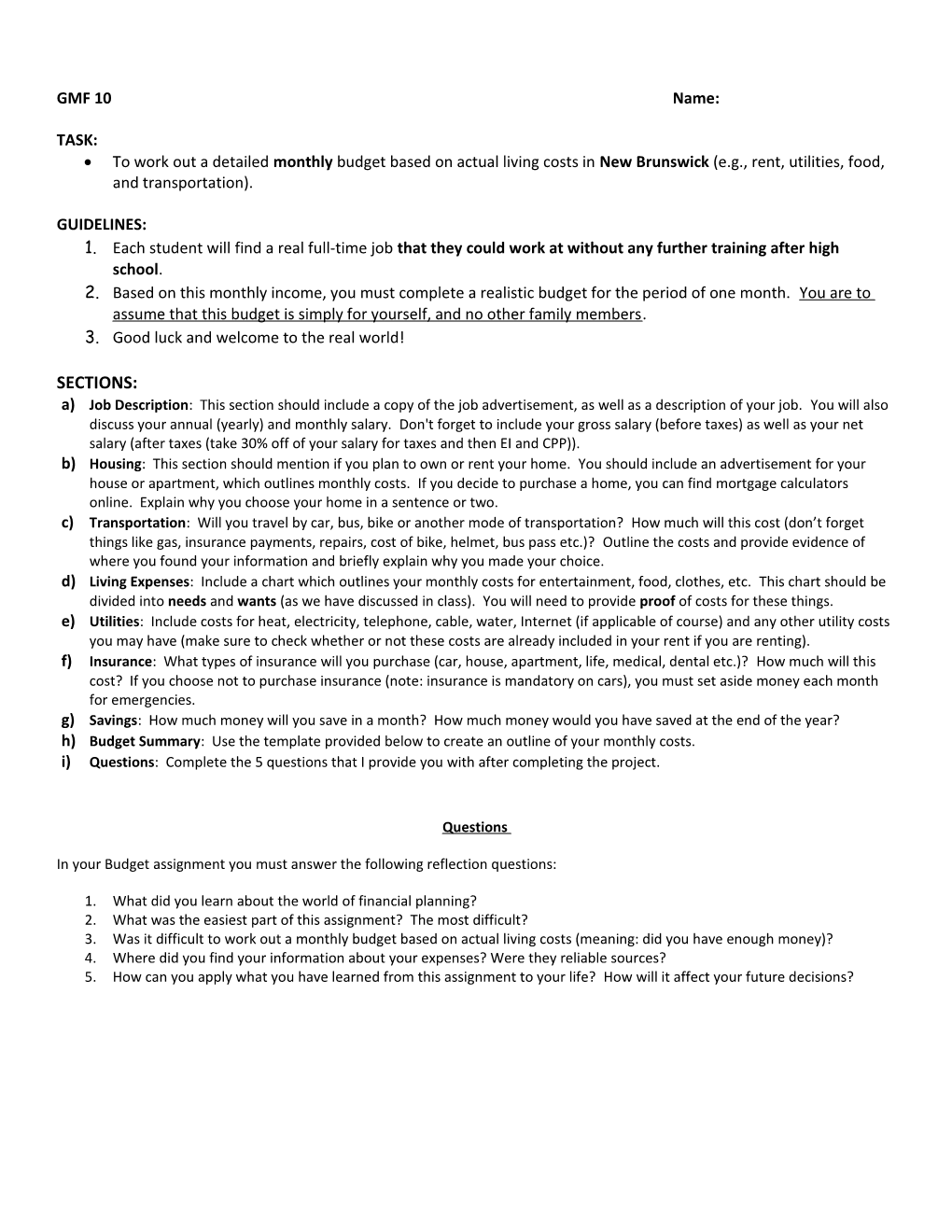 Career and Life Management 11: Budget Assignment