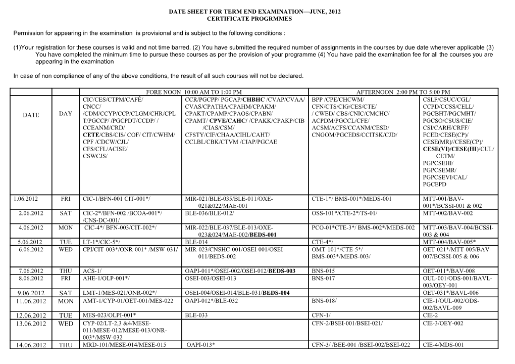 Date Sheet for Term End Examination June, 2012