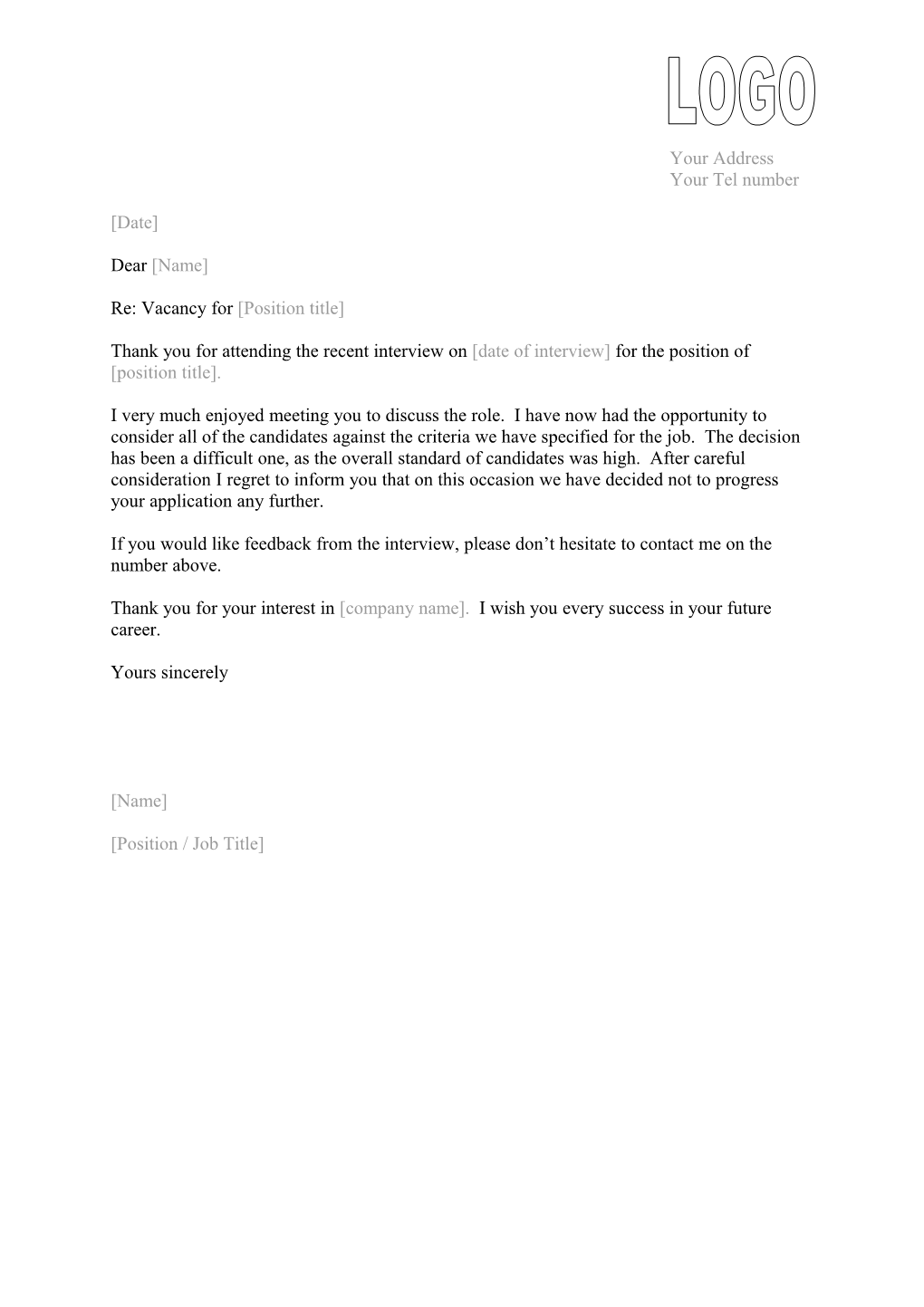 Letter To Unsuccessful Applicant (Following Interview)